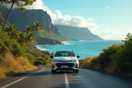 Voiture de location compacte garée sur une route côtière panoramique à La Réunion avec l'océan Indien en arrière-plan
