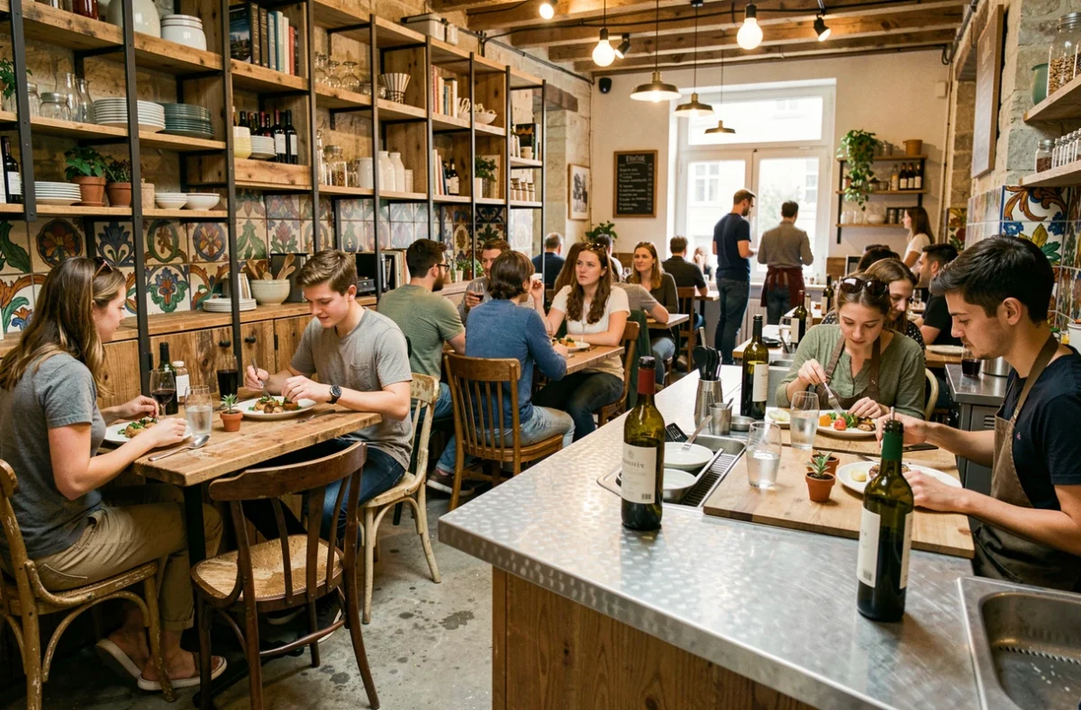 Salle animée du restaurant Vacarme dans le quartier Saint-Félix à Nantes avec décor éclectique, cuisine ouverte et clientèle jeune