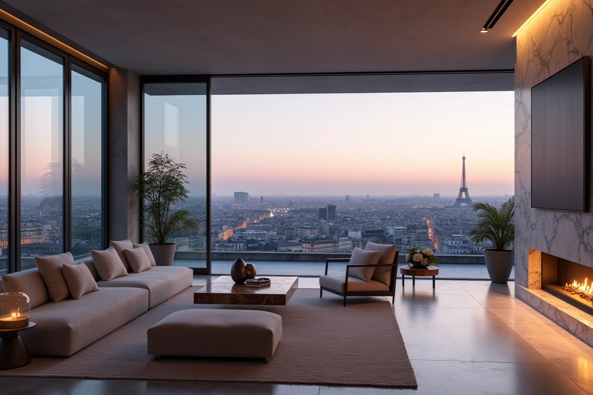 Salon d'un penthouse de luxe avec vue panoramique sur Paris, illustrant la meilleure valorisation de l'immobilier de prestige