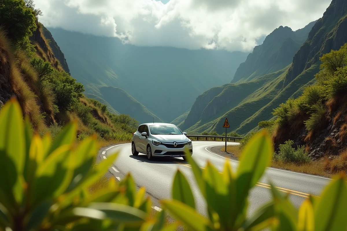 Petite voiture économe en carburant sur une route sinueuse dans les cirques de l'intérieur de l'île de La Réunion