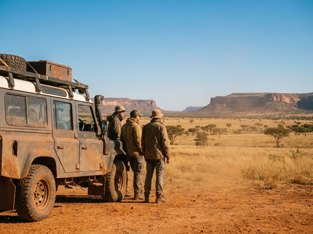 Véhicule d'expédition et explorateurs au cœur de l'immensité des grands espaces sud-africains