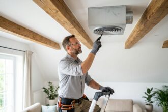 Technicien HVAC inspectant une unité de ventilation simple flux au plafond d'un salon moderne avec poutres en bois
