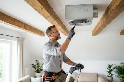 Technicien HVAC inspectant une unité de ventilation simple flux au plafond d'un salon moderne avec poutres en bois