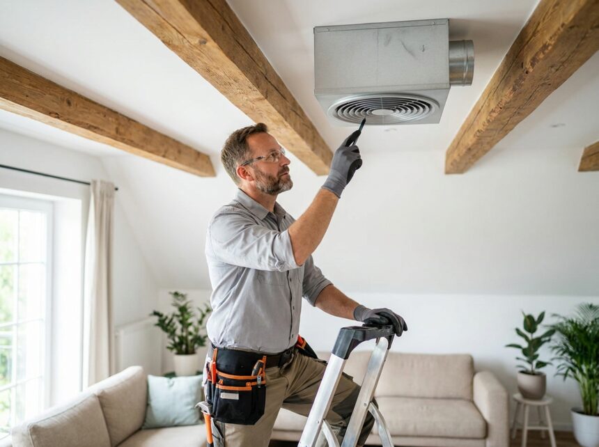 Technicien HVAC inspectant une unité de ventilation simple flux au plafond d'un salon moderne avec poutres en bois