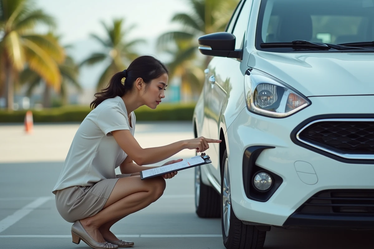 Femme inspectant l'état d'un véhicule de location en vérifiant les rayures sur la carrosserie avant la prise en charge