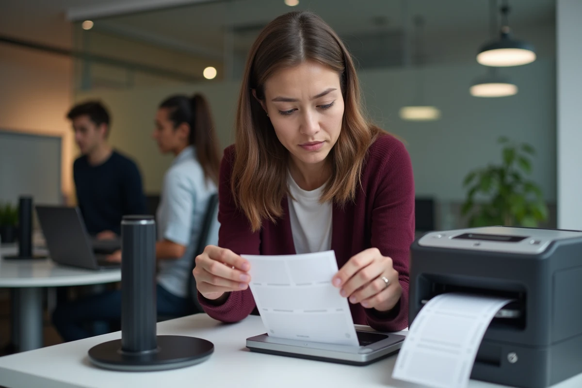 Assistante administrative inspectant les étiquettes avant impression pour éviter les dysfonctionnements de l'imprimante
