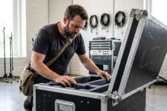 Ingénieur du son inspectant l'intérieur d'un flight case d'occasion en studio professionnel pour vérifier l'état des mousses de protection