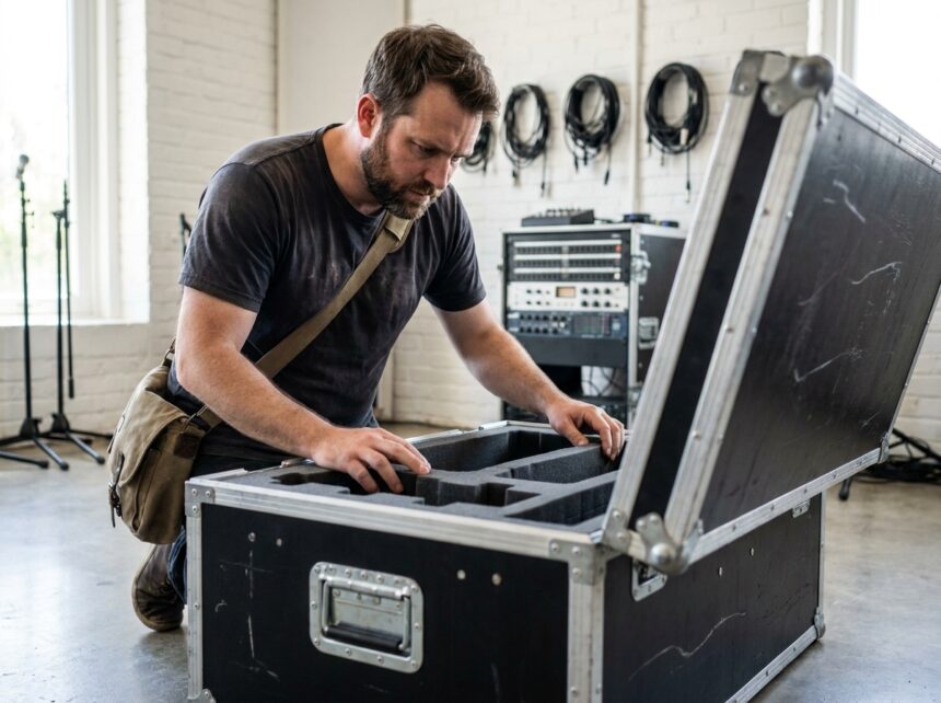 Ingénieur du son inspectant l'intérieur d'un flight case d'occasion en studio professionnel pour vérifier l'état des mousses de protection