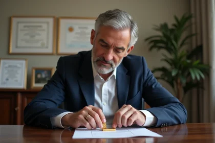Homme d'âge moyen examinant un lingot d'or et un certificat d'authenticité à son bureau à Paris