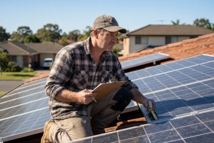 Propriétaire vérifiant l'installation de panneaux solaires sur son toit avant installation, avec documents et outils d'inspection