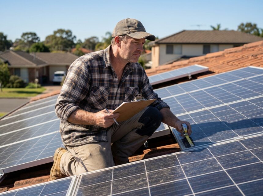 Propriétaire vérifiant l'installation de panneaux solaires sur son toit avant installation, avec documents et outils d'inspection