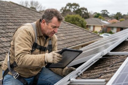 Propriétaire inspectant les panneaux solaires photovoltaïques installés sur le toit d'une maison résidentielle avec une tablette numérique, vérification des fixations et connexions électriques