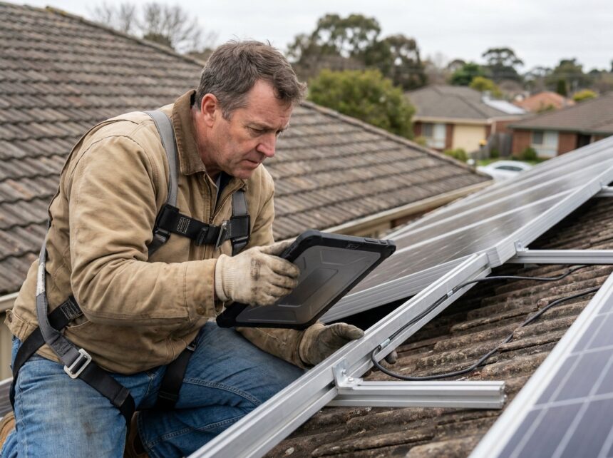 Propriétaire inspectant les panneaux solaires photovoltaïques installés sur le toit d'une maison résidentielle avec une tablette numérique, vérification des fixations et connexions électriques