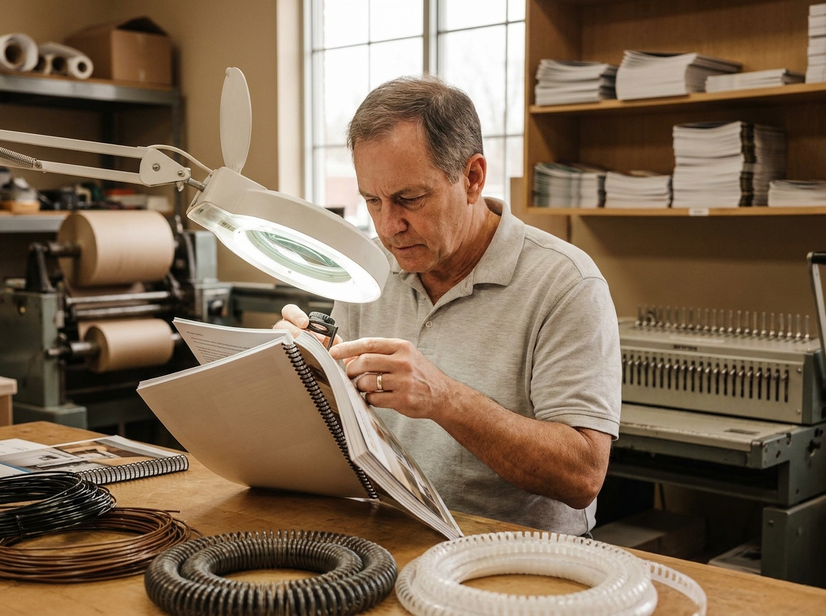 Ouvrier contrôlant la qualité de la reliure d'un catalogue imprimé en atelier de production