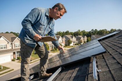 Propriétaire vérifiant l'installation de panneaux photovoltaïques sur le toit d'une maison résidentielle avec documents de contrôle