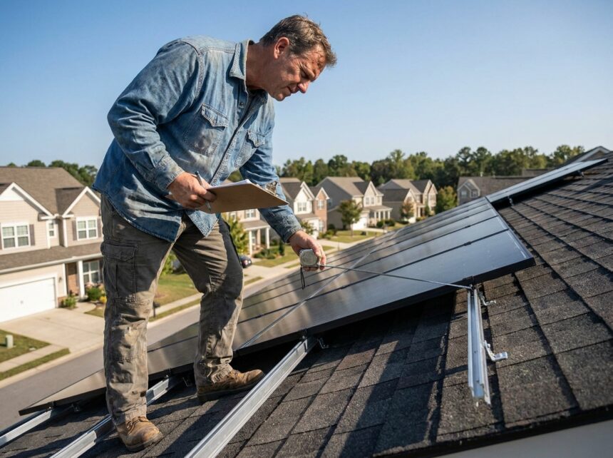 Propriétaire vérifiant l'installation de panneaux photovoltaïques sur le toit d'une maison résidentielle avec documents de contrôle