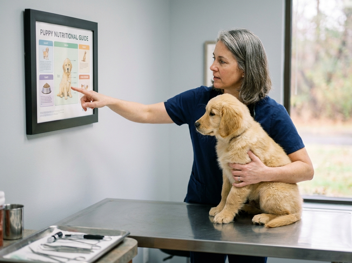 Vétérinaire montrant les bénéfices des compléments alimentaires à un propriétaire de chien lors d'une consultation