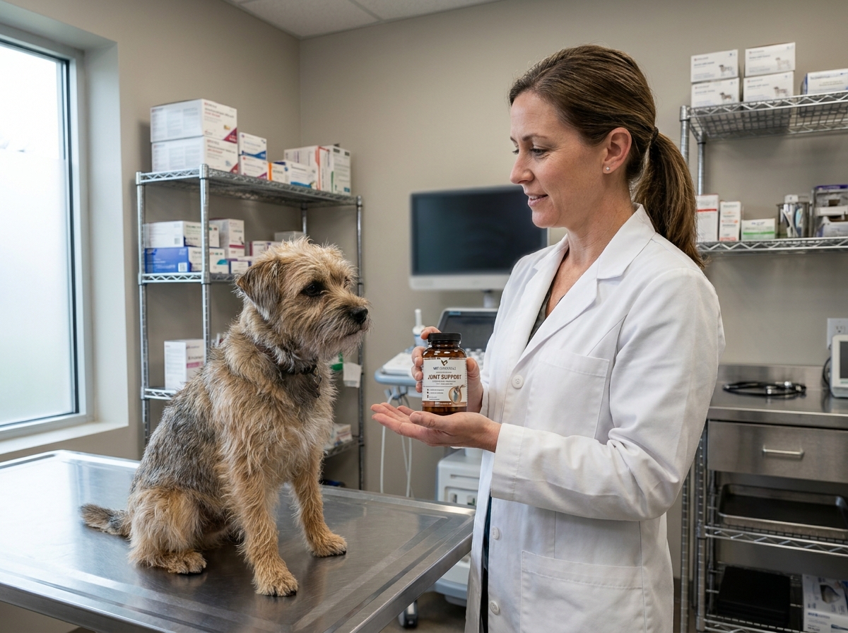 Vétérinaire montrant des compléments alimentaires canins à côté d'un petit terrier en consultation