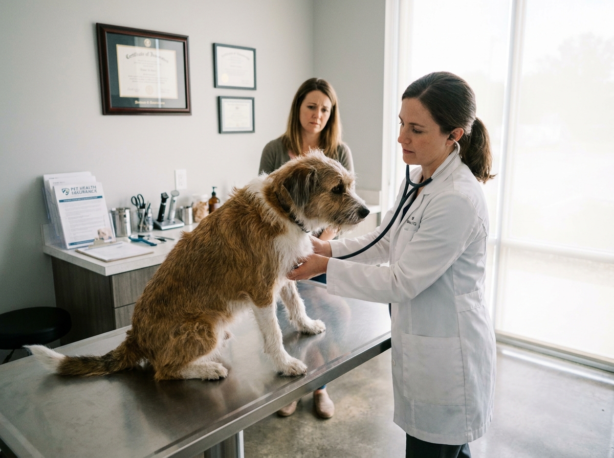 vétérinaire examinant un chien à la table d'auscultation avec documents d'assurance visible en arrière-plan