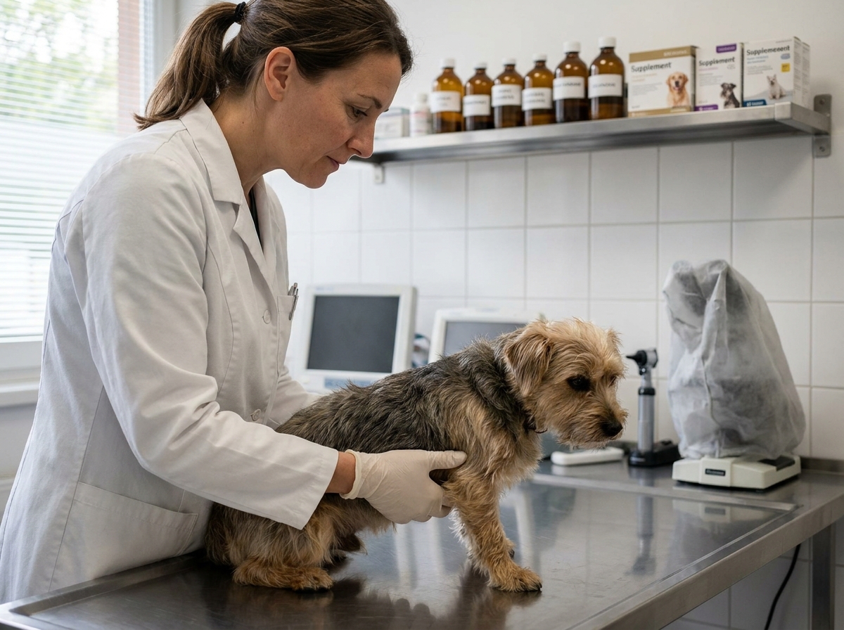 Vétérinaire examinant un petit chien terrier avec des bouteilles de compléments alimentaires en arrière-plan dans une clinique vétérinaire