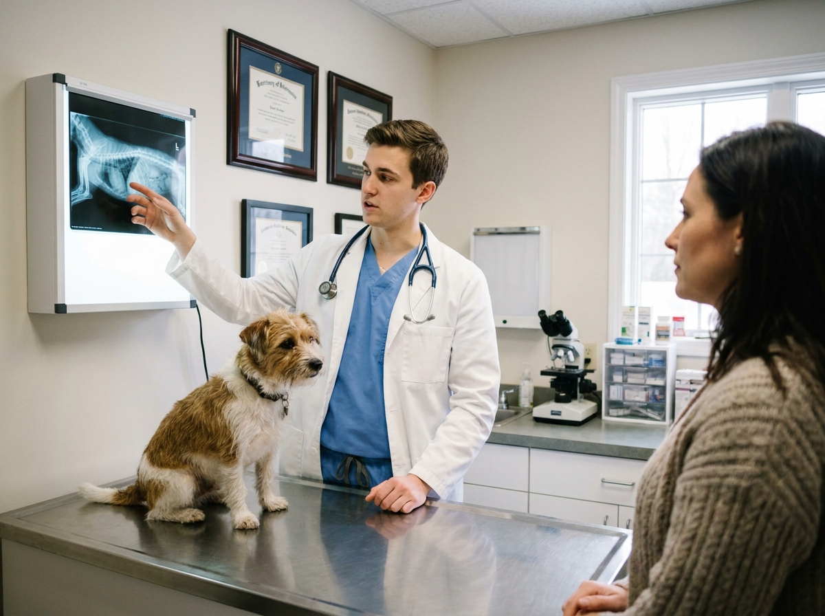 Vétérinaire expliquant les bénéfices de l'assurance maladie pour chien à une propriétaire lors d'une consultation médicale en clinique