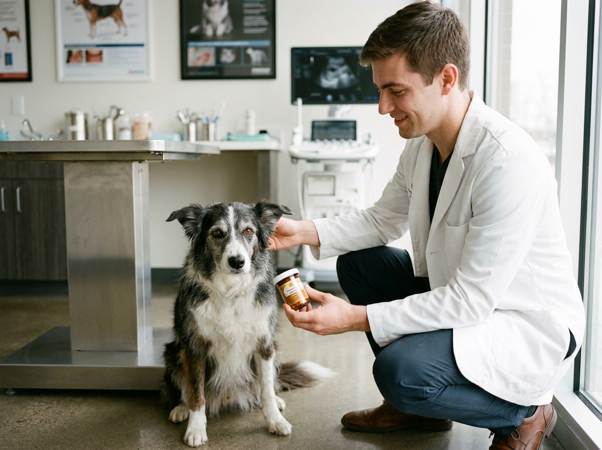 Vétérinaire avec un chien senior dans une clinique moderne