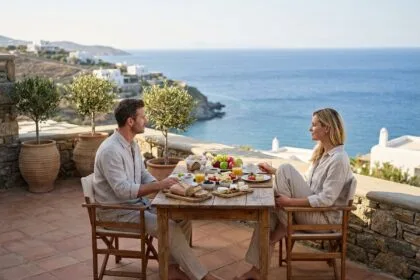 Couple profitant du confort d'une villa de luxe à Ibiza avec petit-déjeuner en terrasse face à la mer