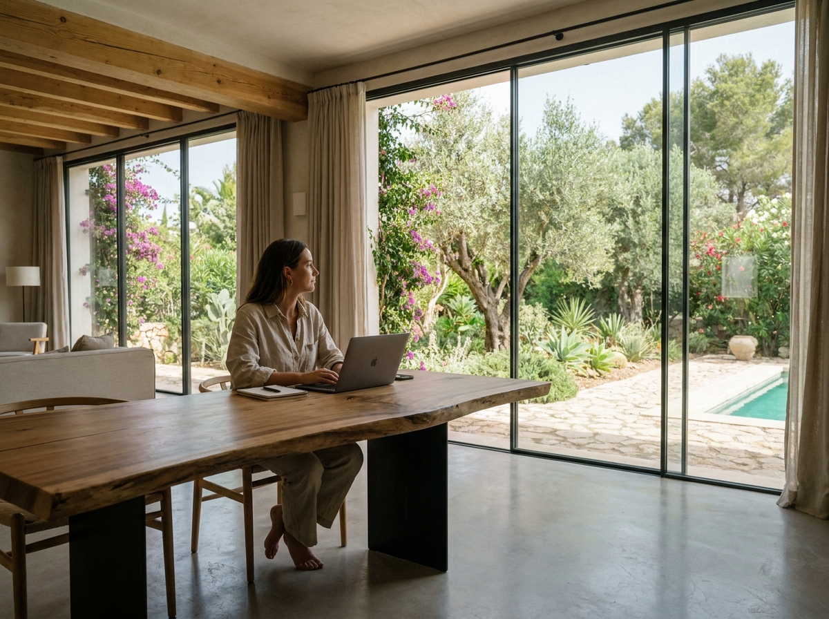 Femme travail nomade villa Ibiza bureau paysage extérieur jardin confort