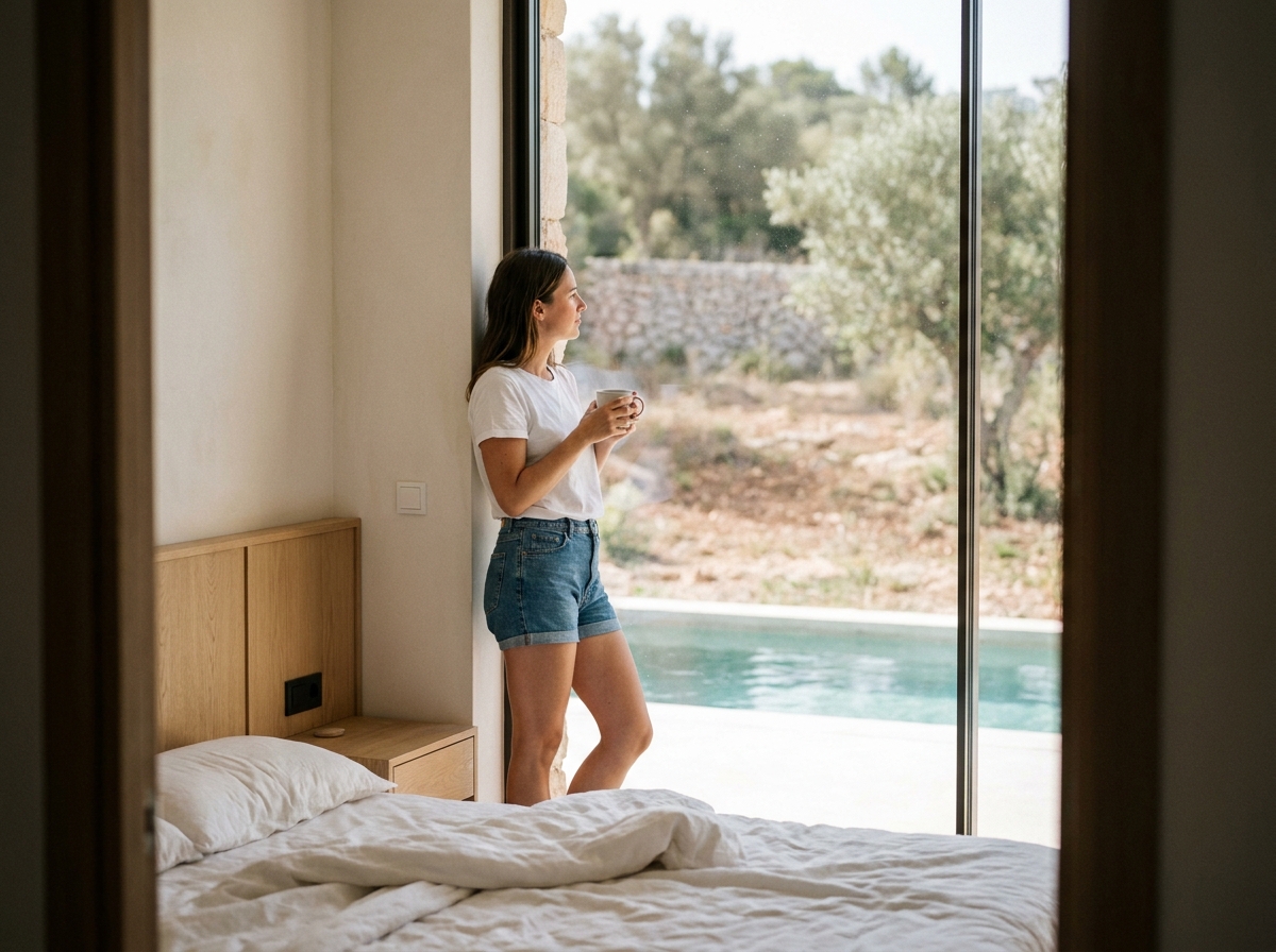 Femme voyageuse seule dans une villa moderne à Ibiza, confort et liberté de l'hébergement privé