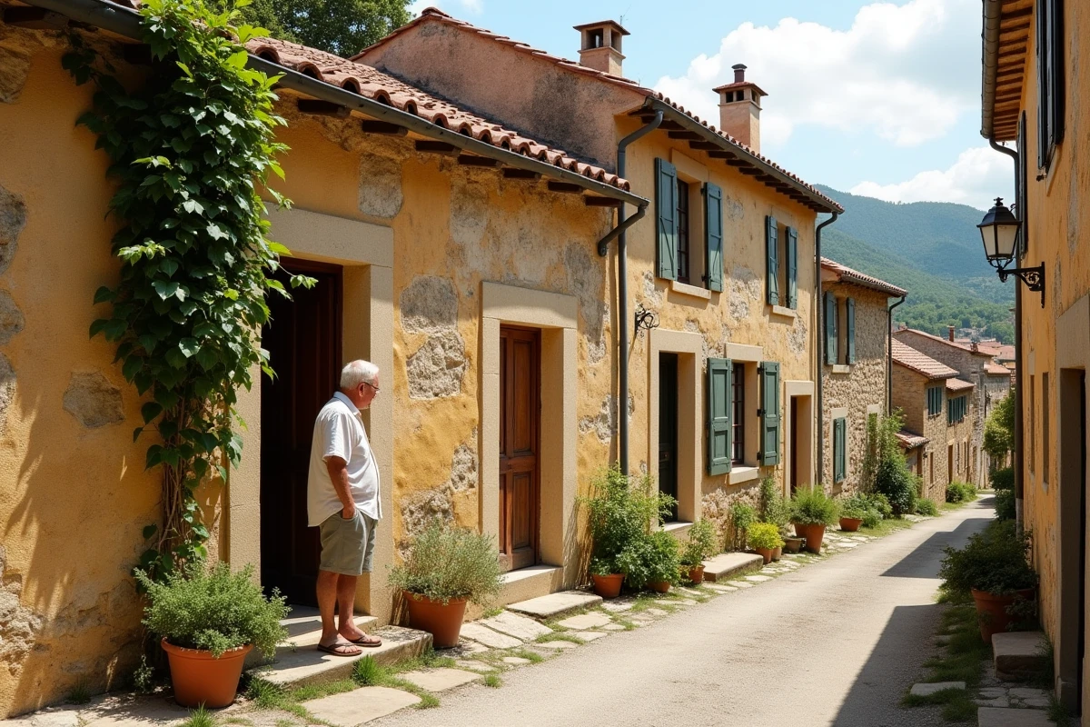 Maisons en pierre traditionnelle avec toits en tuiles terracotta dans un village perché de l'Ardèche authentique
