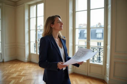 Femme investisseuse visitant un appartement haussmannien parisien avec plan en main