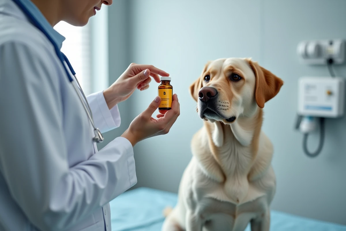 Un vétérinaire présente un complément en vitamines B à un labrador lors d'une consultation