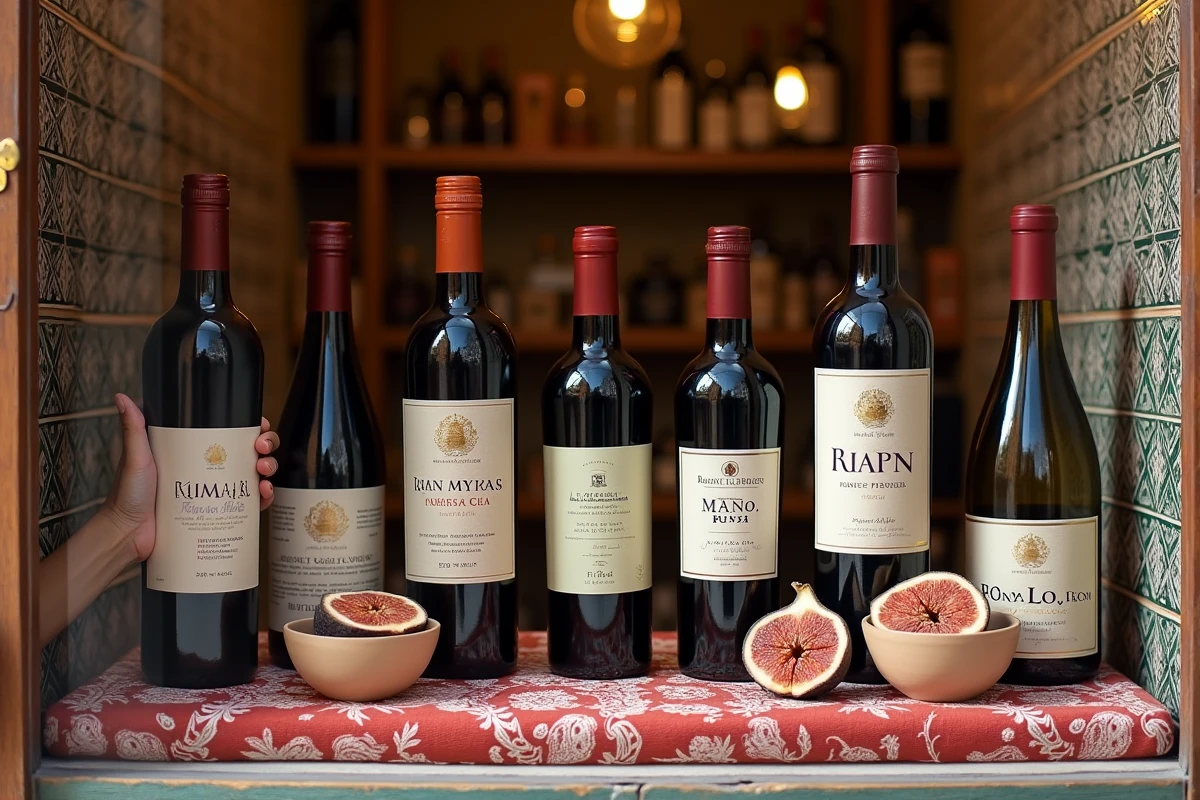 Sélection de bouteilles de vin marocain exposées en vitrine avec guide d'achat et éléments artisanaux