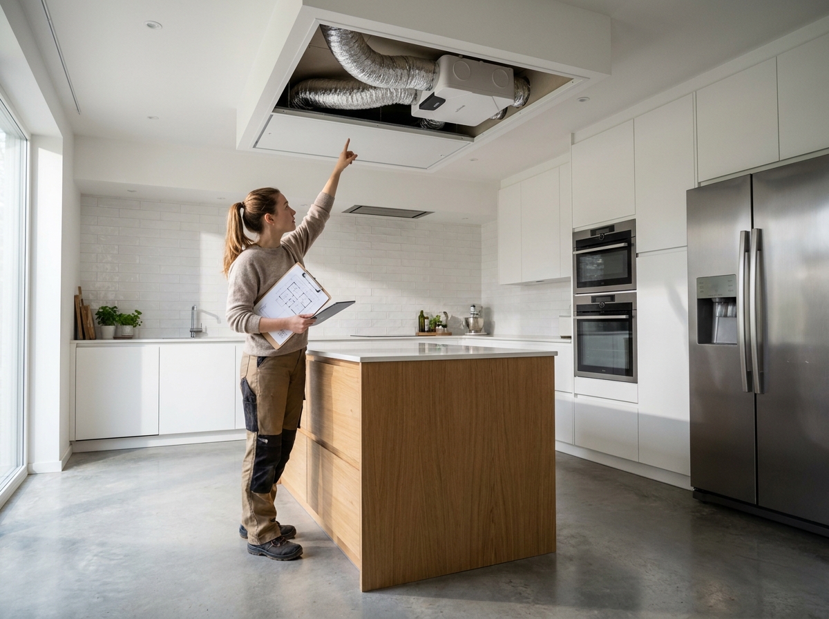 Propriétaire examinant une installation VMC double flux dans la cuisine moderne avec conduits d'air frais et d'extraction visibles au plafond