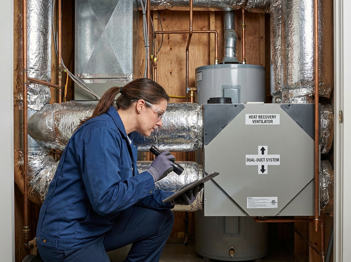 Technicienne inspectant système VMC double flux avec tuyauterie et récupérateur de chaleur en placard technique