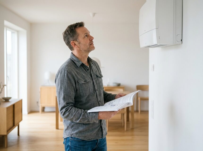 Propriétaire examinant une unité de ventilation murale simple flux dans un salon moderne et lumineux