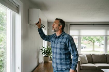 Homme inspectant une unité de ventilation simple flux montée sur mur intérieur de salon moderne