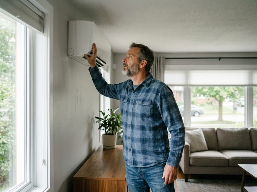 Homme inspectant une unité de ventilation simple flux montée sur mur intérieur de salon moderne