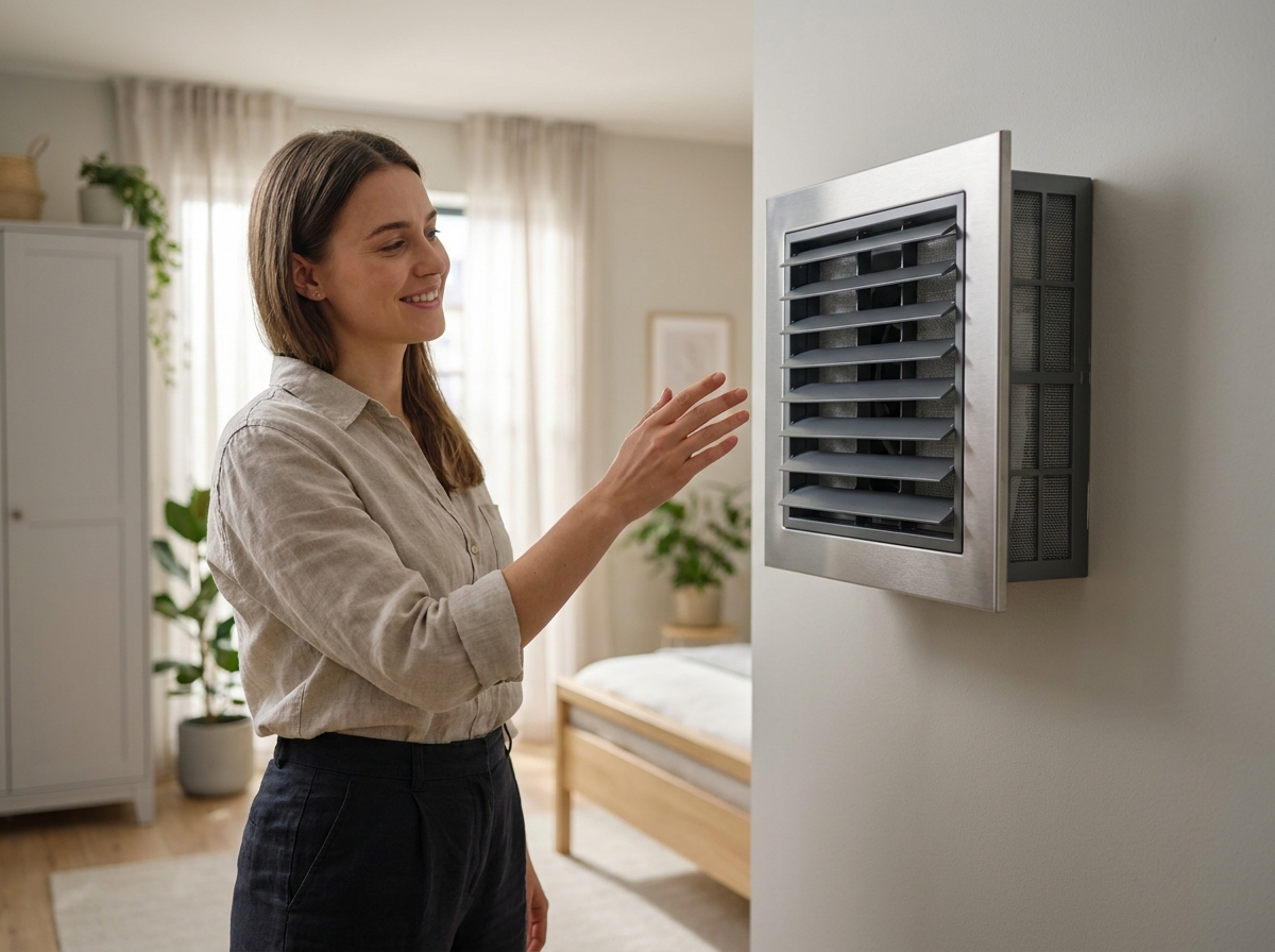 Propriétaire dans chambre moderne pointant système VMC avec sortie d'air réglable et filtres intégrés