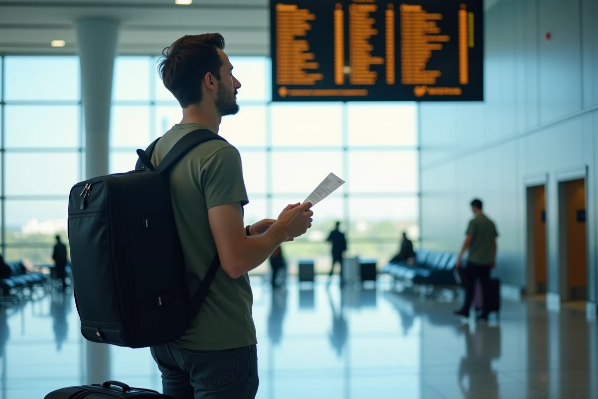 Voyageur consultant le tableau des départs à l'aéroport avec son billet d'avion
