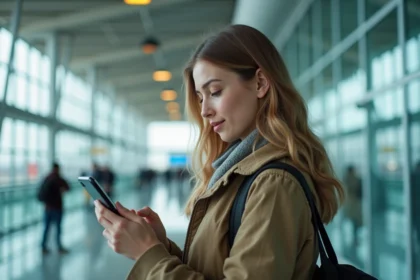 femme voyageur consultant une application mobile dans un aéroport moderne pour planifier son itinéraire