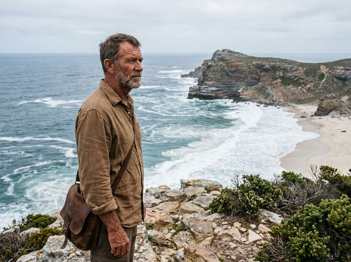 Voyageur expérimenté contemplant les falaises côtières dramatiques du Cap en Afrique du Sud face à l'océan Atlantique