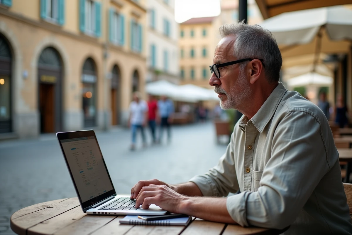 homme d'affaires travaillant sur ordinateur portable avec outils numériques de réservation de voyage en terrasse urbaine