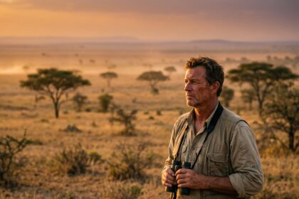 homme contemplant les grandes étendues sauvages de la savane sud-africaine au coucher du soleil