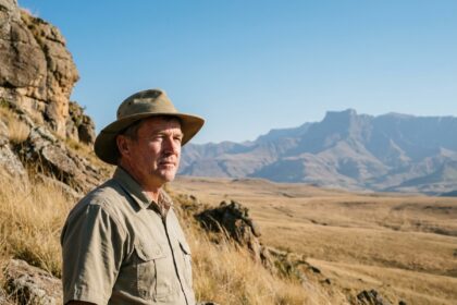 Voyageur contemplant les vastes paysages de savane en Afrique du Sud avec montagnes Drakensberg en arrière-plan