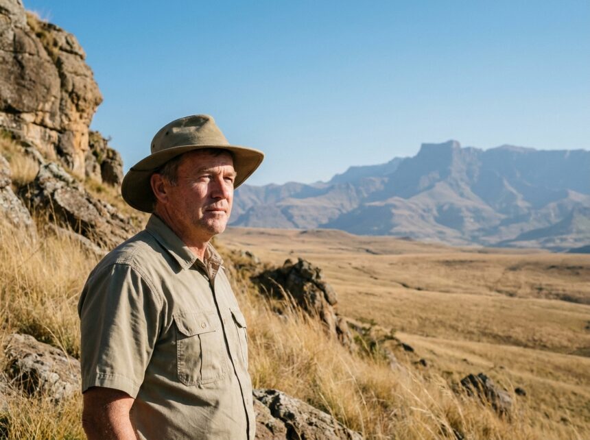 Voyageur contemplant les vastes paysages de savane en Afrique du Sud avec montagnes Drakensberg en arrière-plan