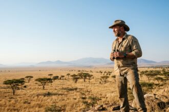 Homme barbu contemplant la savane sud-africaine infinie depuis un promontoire rocheux avec acacia à l'horizon