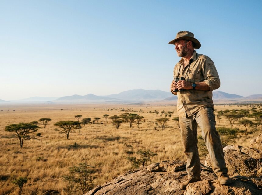 Homme barbu contemplant la savane sud-africaine infinie depuis un promontoire rocheux avec acacia à l'horizon