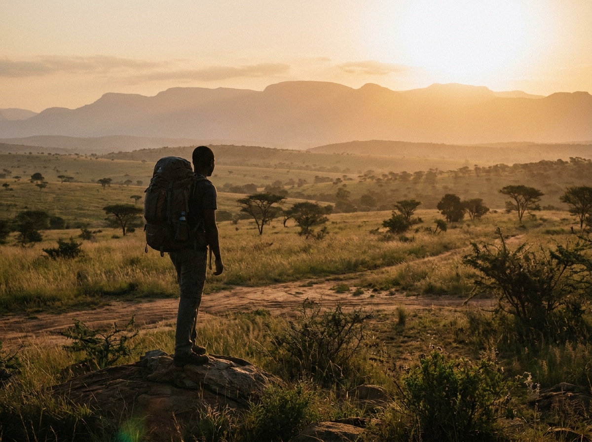 aventurier solitaire face aux horizons infinis d'Afrique du Sud à l'aube