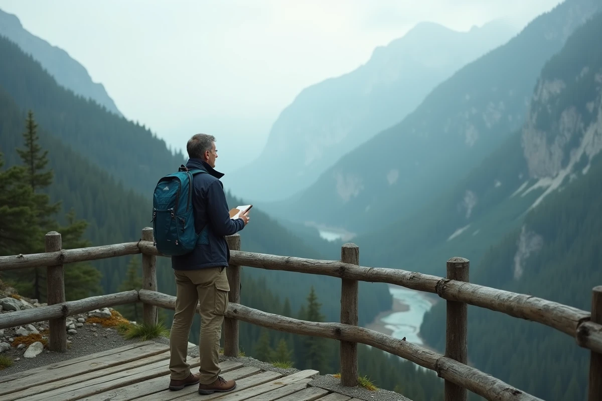 Voyageur solitaire contemplant un panorama de vallée montagneuse depuis un belvédère en bois avec carnet de voyage